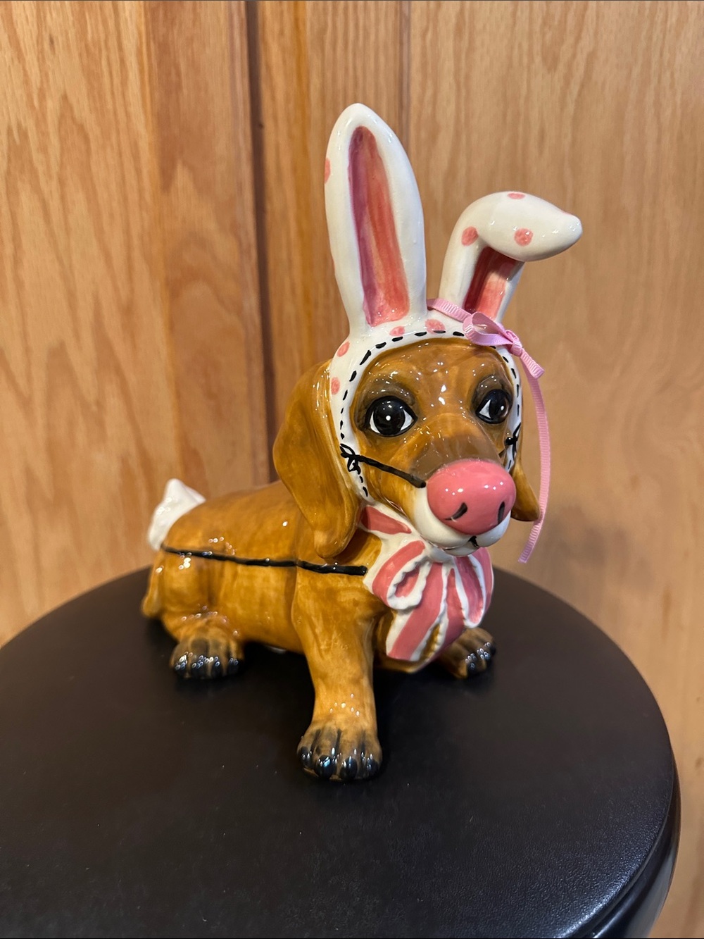 Pink-Accent Dachshund Dog Figurine with Bunny Hat